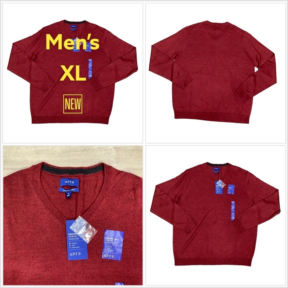 Men's Apt. 9 XL 46 - 48 V-Neck Sweater Marble Burgundy Red Merino Wool Blend NWT